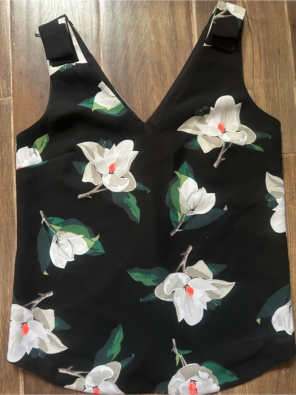 Black Floral V-Neck Tank Top with White Magnolia Print